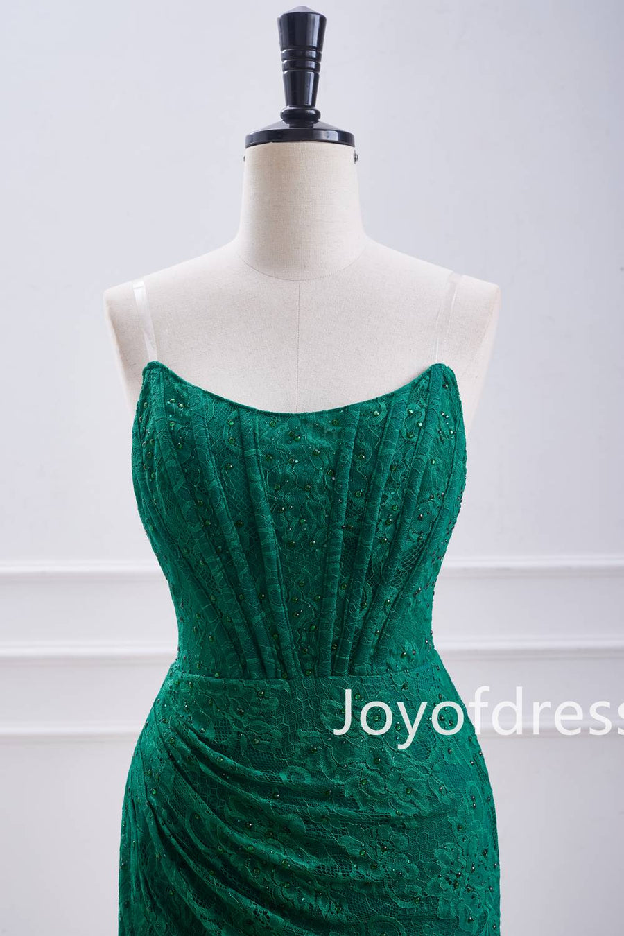 Emerald Green Beade Lace Ruched Bodycon Dress