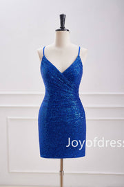 V-Neck Royal Blue Sequin Ruched Mini Dress