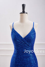 V-Neck Royal Blue Sequin Ruched Mini Dress