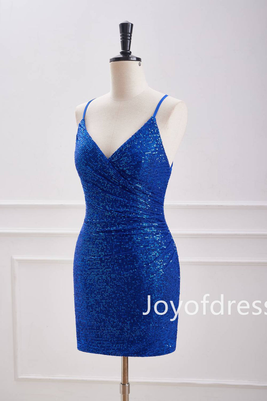 V-Neck Royal Blue Sequin Ruched Mini Dress