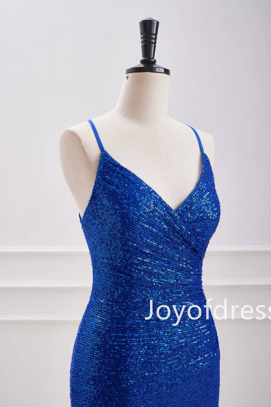 V-Neck Royal Blue Sequin Ruched Mini Dress