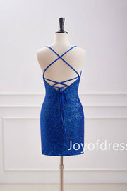 V-Neck Royal Blue Sequin Ruched Mini Dress