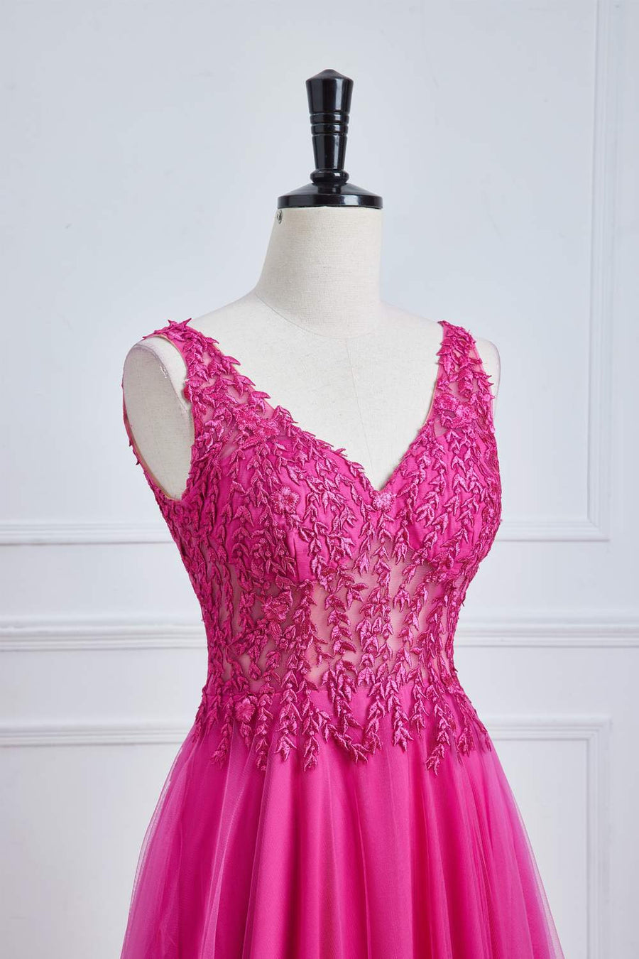 Fuchsia Plunging V Neck Floral A-line Long Prom Dress | Joyofdress Fuchsia Plunging V Neck Floral A-line Long Prom Dress | Joyofdress