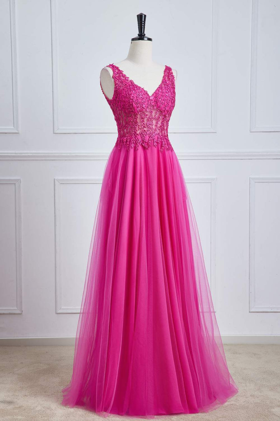 Fuchsia Plunging V Neck Floral A-line Long Prom Dress
