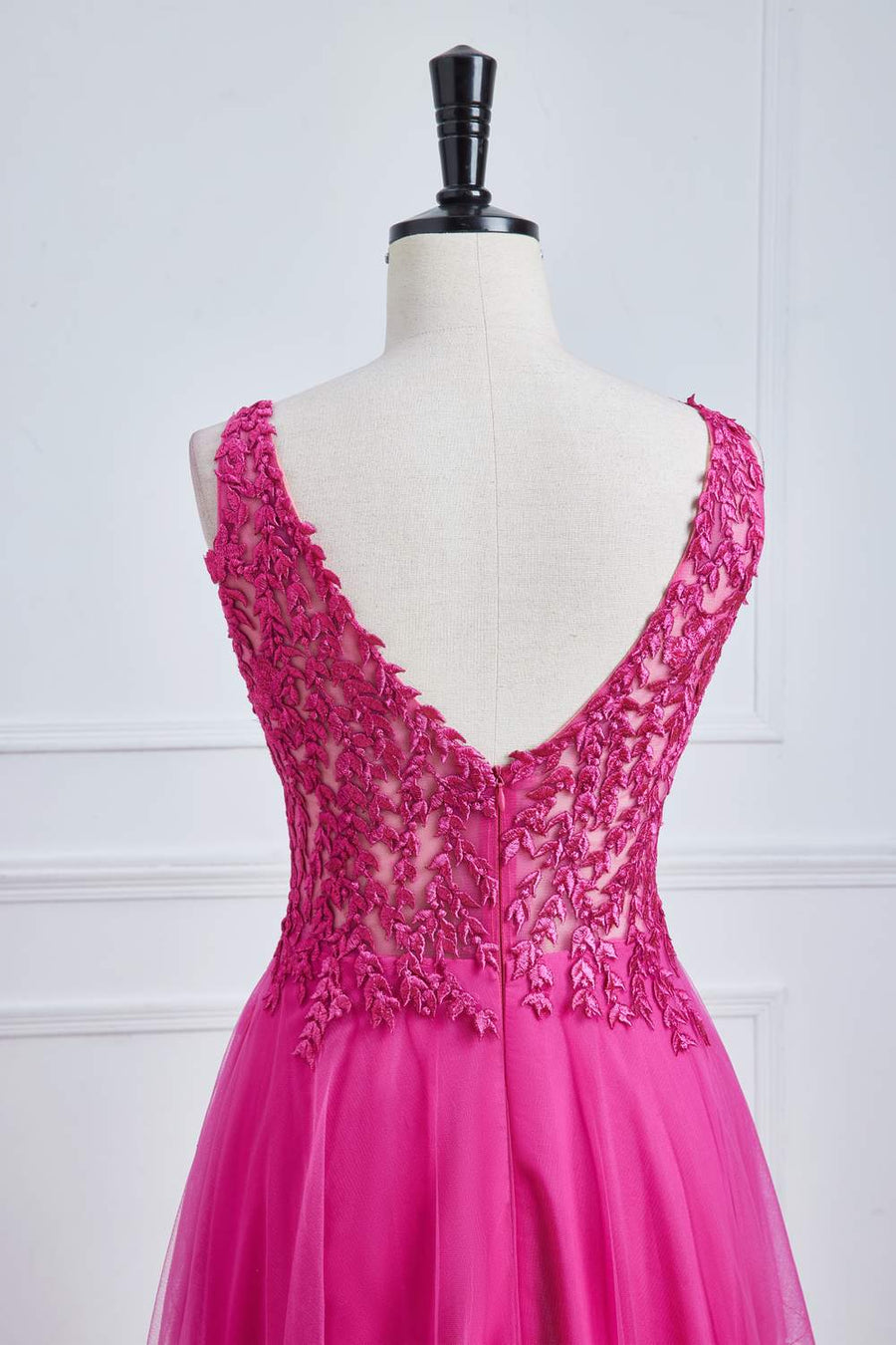 Fuchsia Plunging V Neck Floral A-Line Long Prom Dress Fuchsia / US 2 Fuchsia Plunging V Neck Floral A-Line Long Prom Dress Fuchsia / US 2