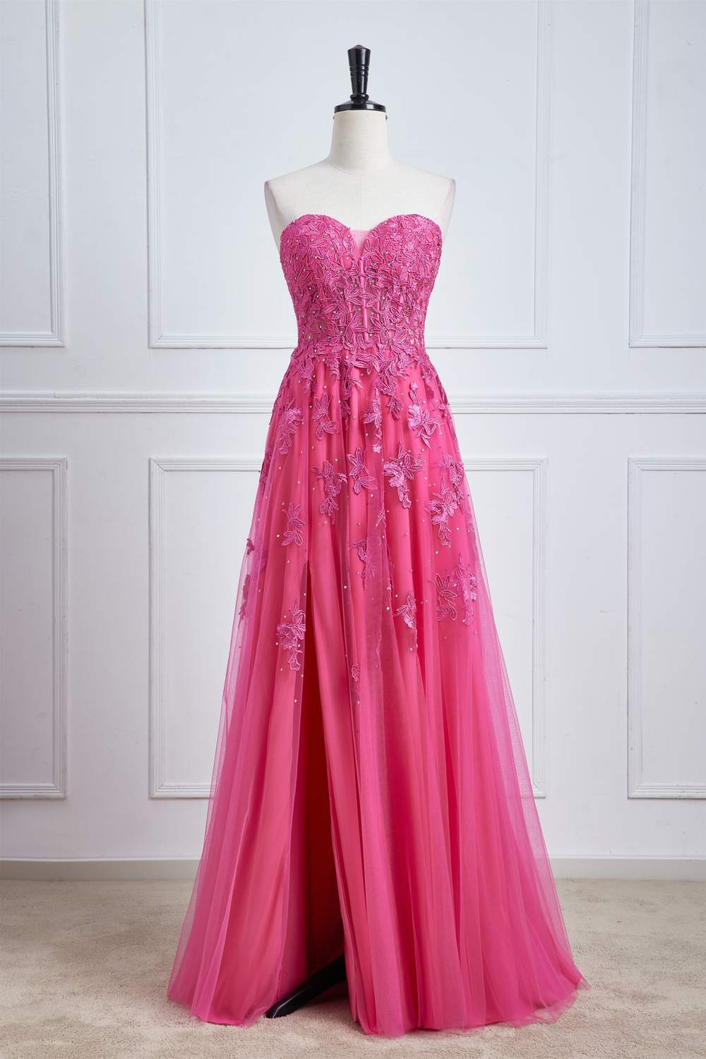Hot Pink Strapless A-line Floral Long Prom Dress with Slit