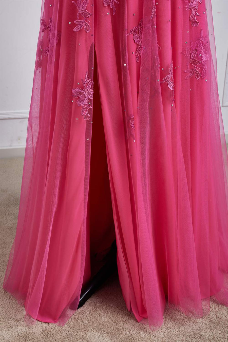 Hot Pink Strapless A-line Floral Long Prom Dress with Slit Hot Pink / Custom Size Hot Pink Strapless A-line Floral Long Prom Dress with Slit Hot Pink / Custom Size