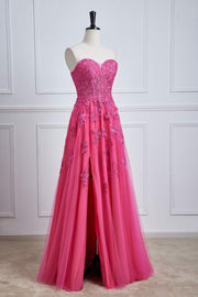 Hot Pink Strapless A-line Floral Long Prom Dress with Slit
