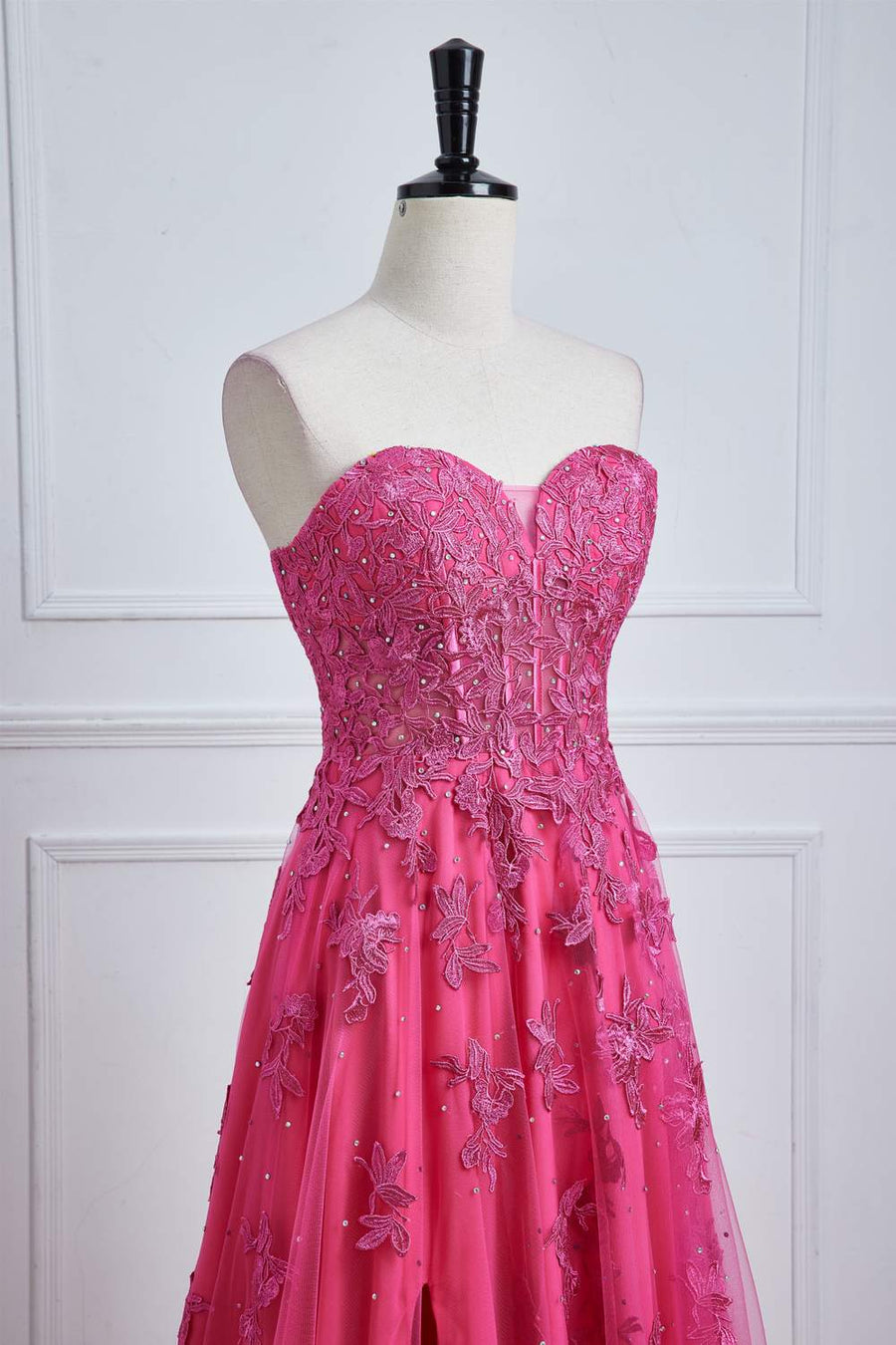 Hot Pink Strapless A-line Floral Long Prom Dress with Slit Hot Pink / Custom Size