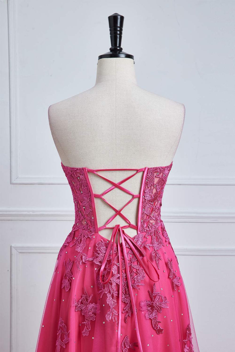 Hot Pink Strapless A-line Floral Long Prom Dress with Slit Hot Pink / Custom Size Hot Pink Strapless A-line Floral Long Prom Dress with Slit Hot Pink / Custom Size
