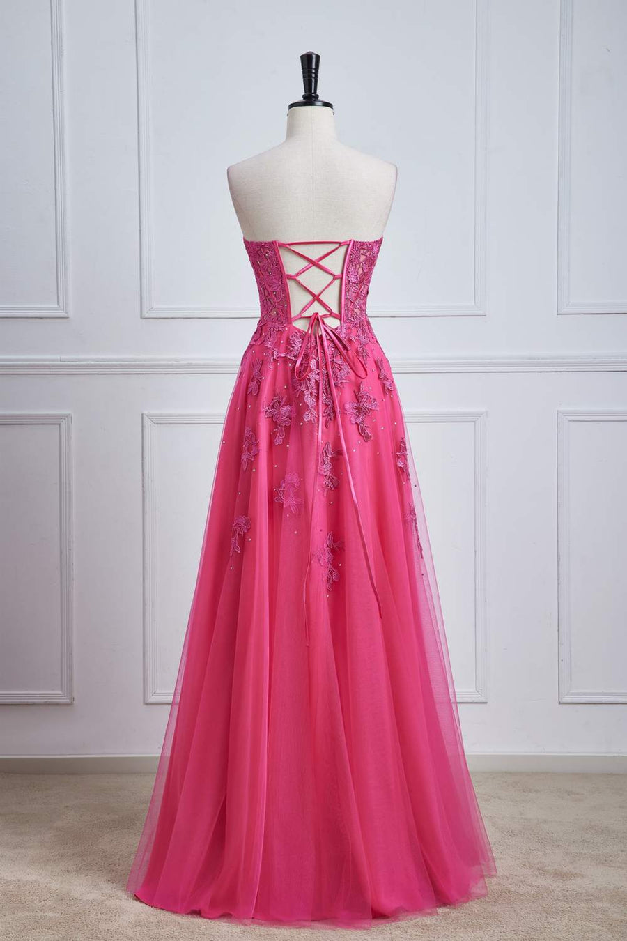 Hot Pink Strapless A-line Floral Long Prom Dress with Slit | Joyofdress Hot Pink Strapless A-line Floral Long Prom Dress with Slit | Joyofdress