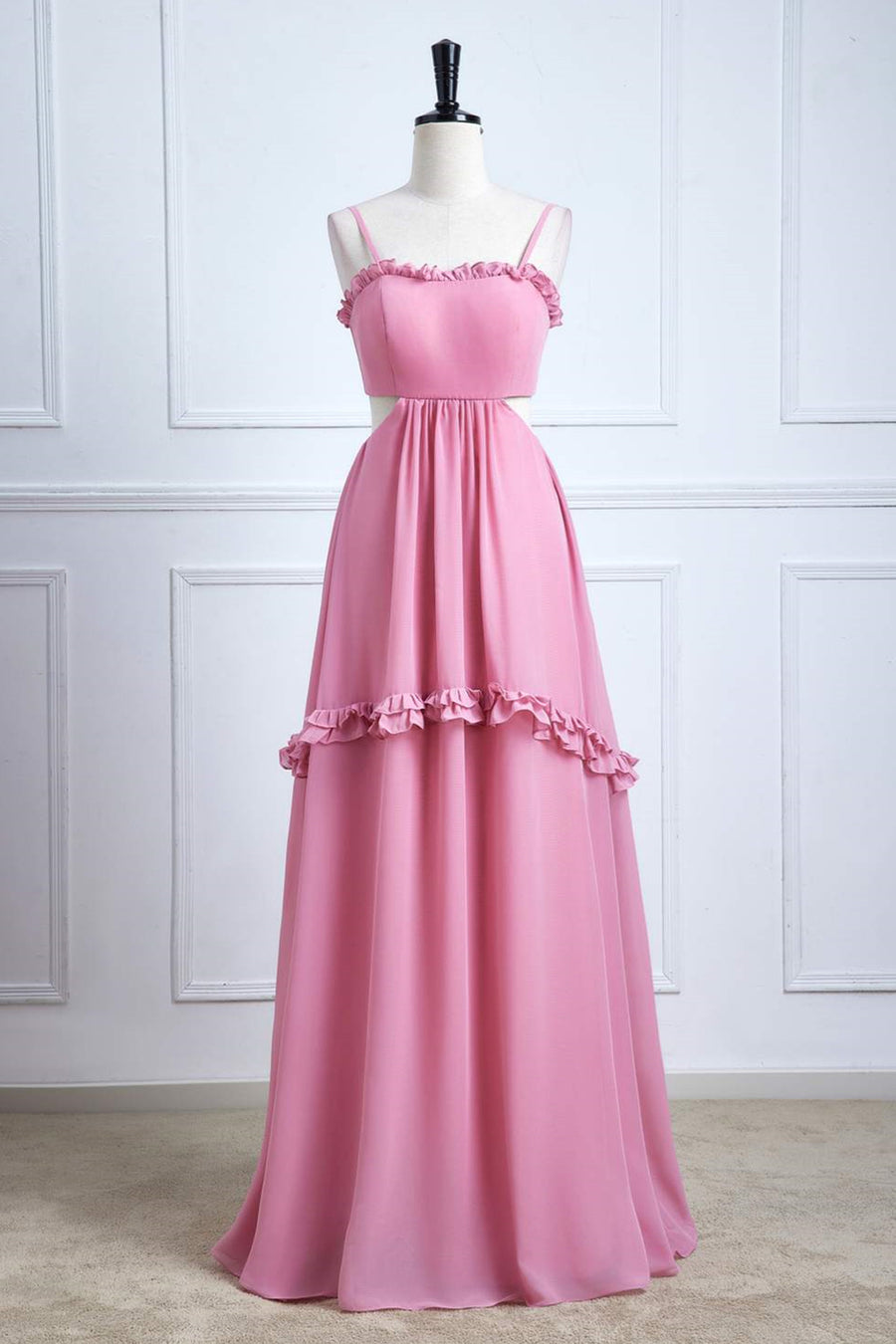 Pink Ruffled Spaghetti Straps Bow Tie Back Long Bridesmaid Dress Pink / US 6