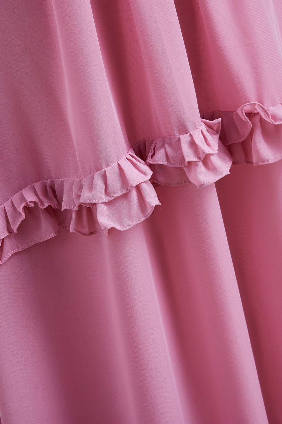 Pink Ruffled Spaghetti Straps Bow Tie Back Long Bridesmaid Dress