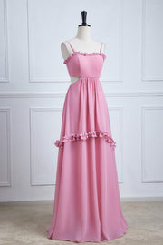 Pink Ruffled Spaghetti Straps Bow Tie Back Long Bridesmaid Dress