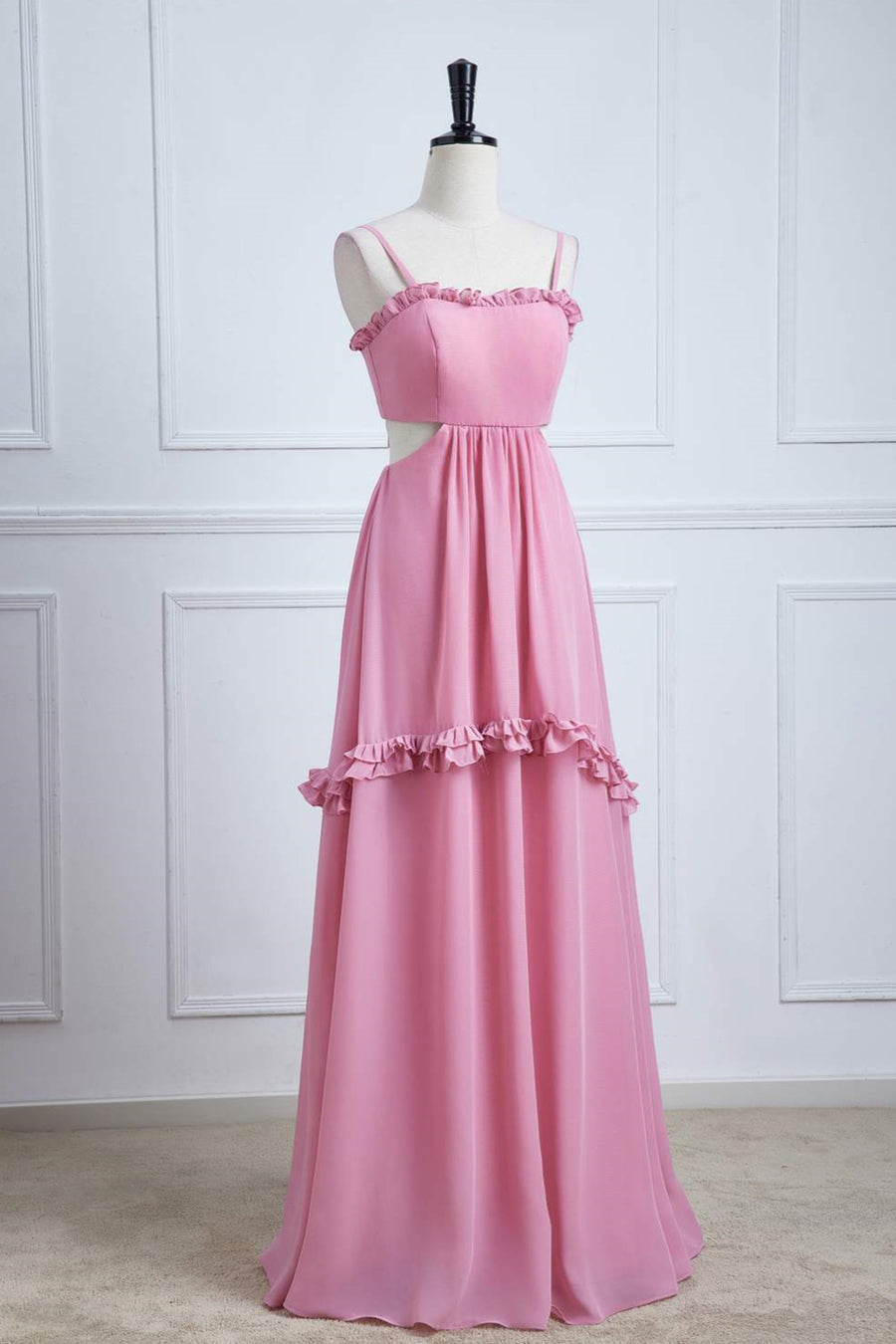 Pink Ruffled Spaghetti Straps Bow Tie Back Long Bridesmaid Dress Pink / US 6 Pink Ruffled Spaghetti Straps Bow Tie Back Long Bridesmaid Dress Pink / US 6