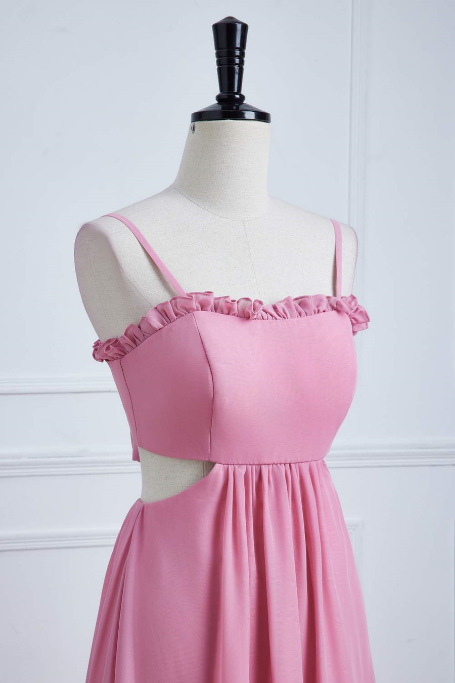 Pink Ruffled Spaghetti Straps Bow Tie Back Long Bridesmaid Dress