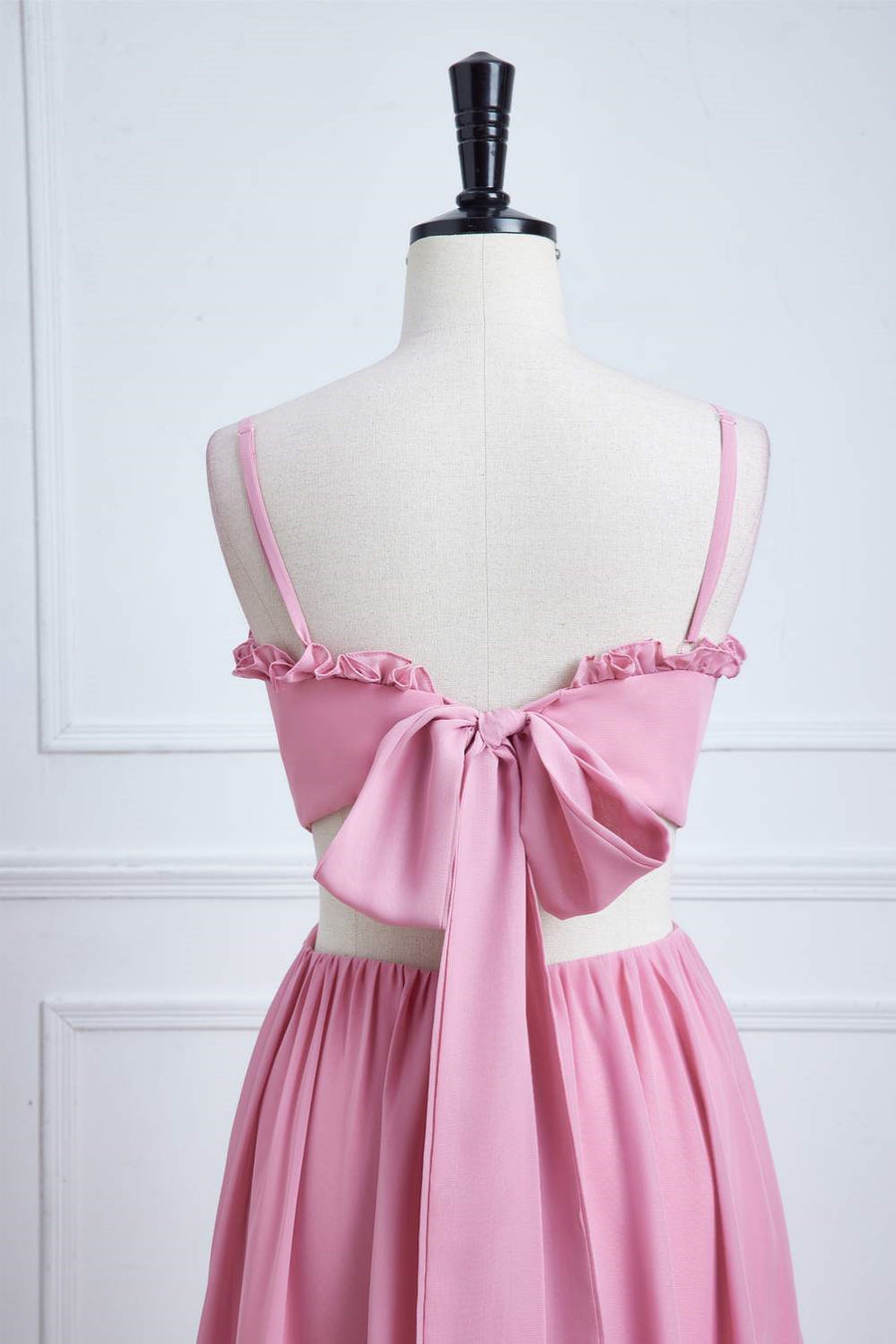 Pink Ruffled Spaghetti Straps Bow Tie Back Long Bridesmaid Dress