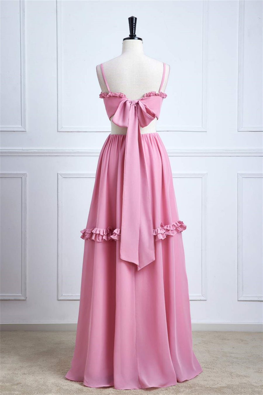 Pink Ruffled Spaghetti Straps Bow Tie Back Long Bridesmaid Dress