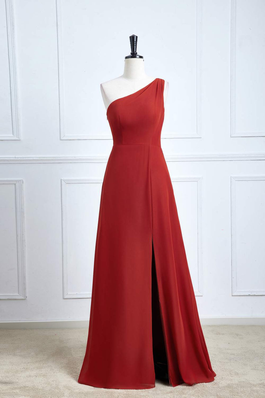 Rust One Shoulder A-line Chiffon Long Bridesmaid Dress with Slit Custom Color / US 8