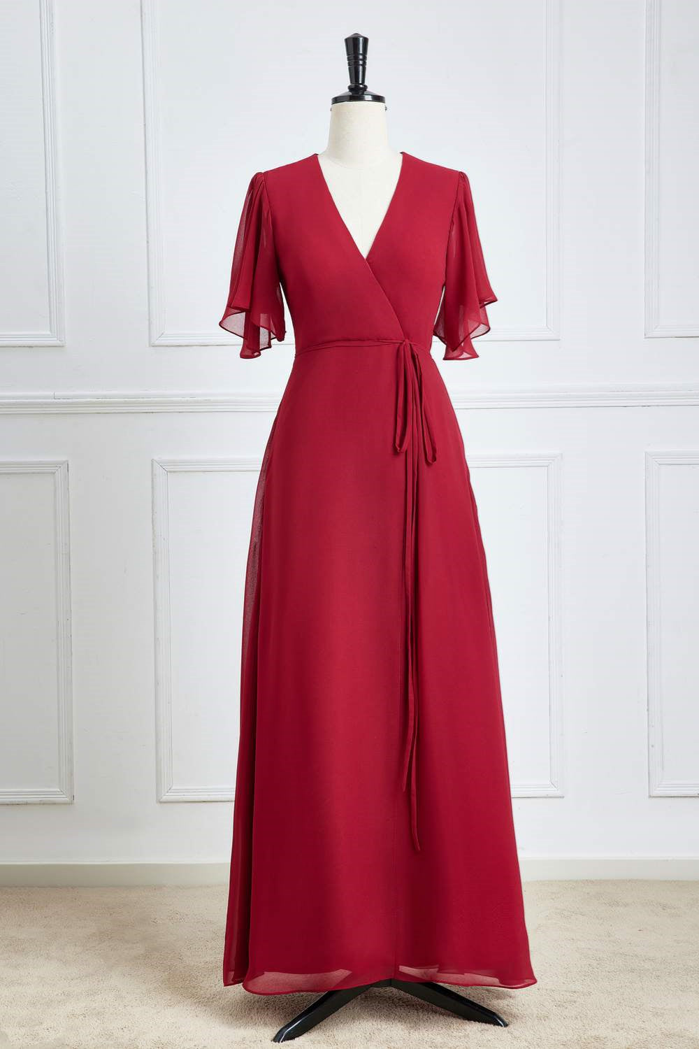 Wine Red Flaunt Sleeves Surplice A-line Long Bridesmaid Dress with Sash Custom Color / US 8