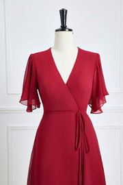 Wine Red Flaunt Sleeves Surplice A-line Long Bridesmaid Dress with Sash