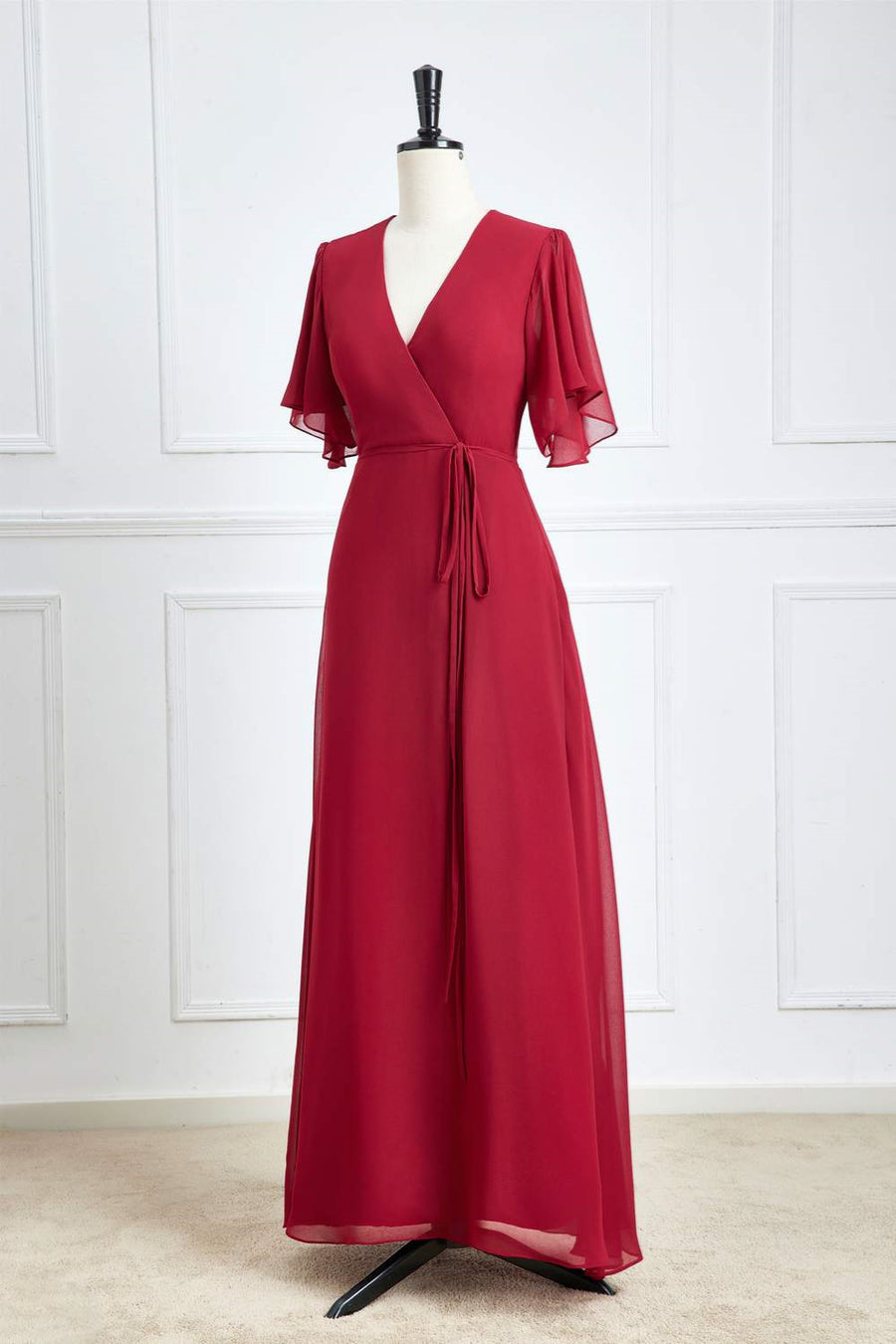 Wine Red Flaunt Sleeves Surplice A-line Long Bridesmaid Dress with Sas | Joyofdress Wine Red Flaunt Sleeves Surplice A-line Long Bridesmaid Dress with Sas | Joyofdress
