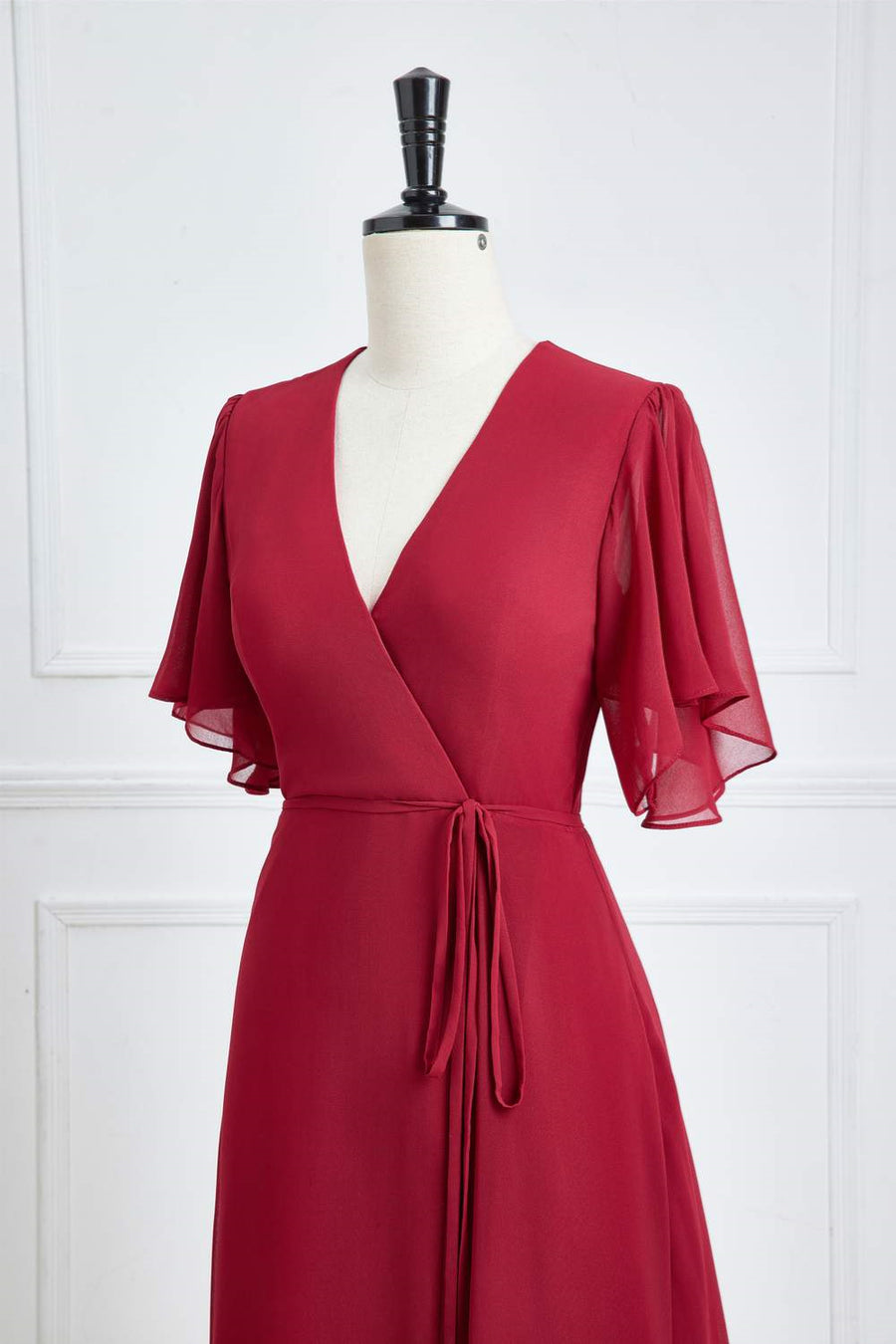 Wine Red Flaunt Sleeves Surplice A-line Long Bridesmaid Dress with Sash