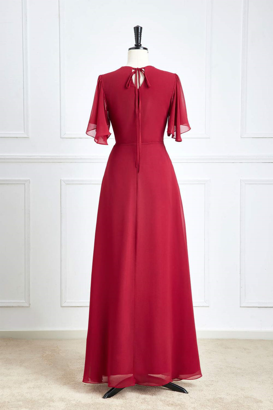 Wine Red Flaunt Sleeves Surplice A-line Long Bridesmaid Dress with Sash Custom Color / US 8