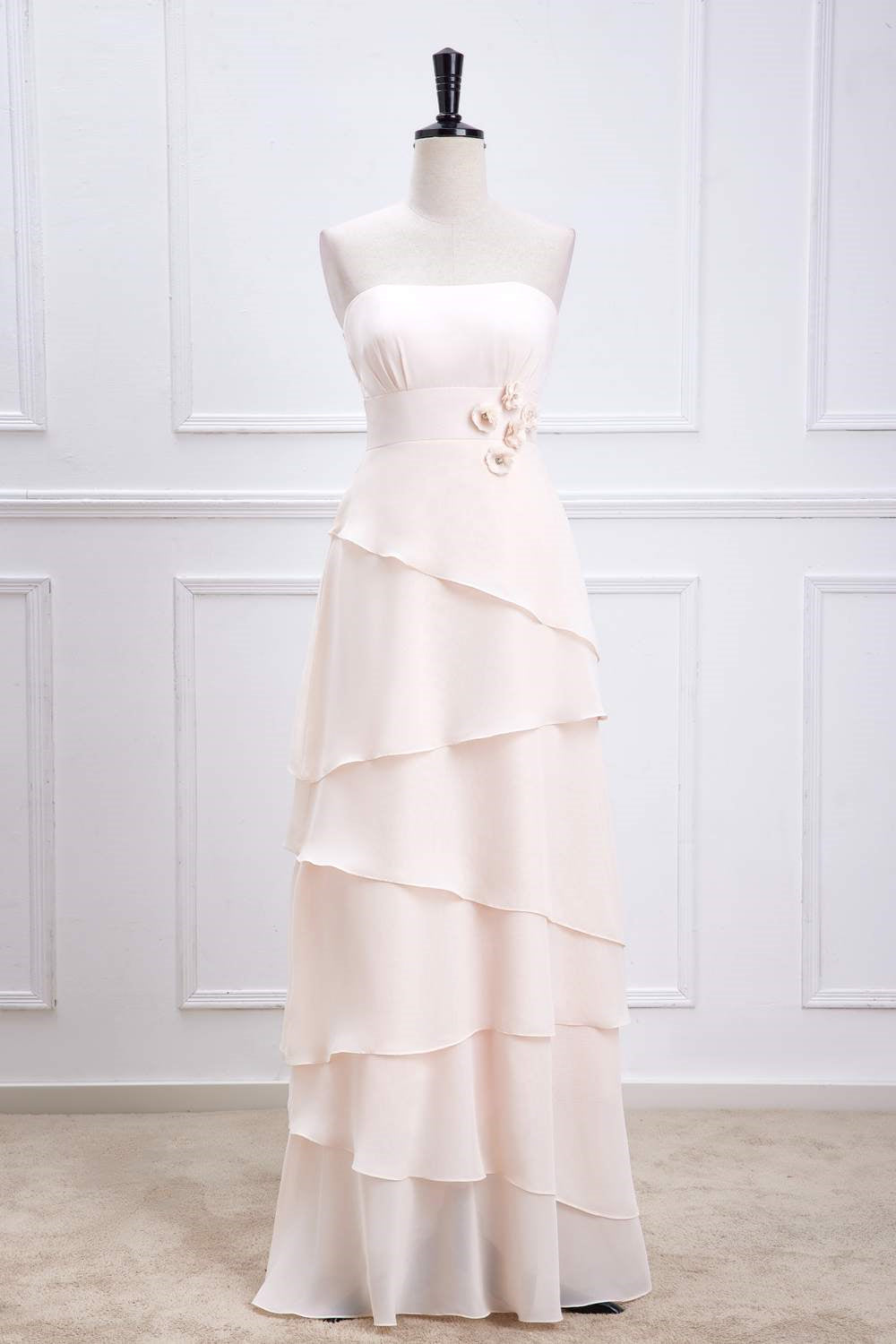 Pink Strapless A-line Layers Long Bridesmaid Dress with Flowers