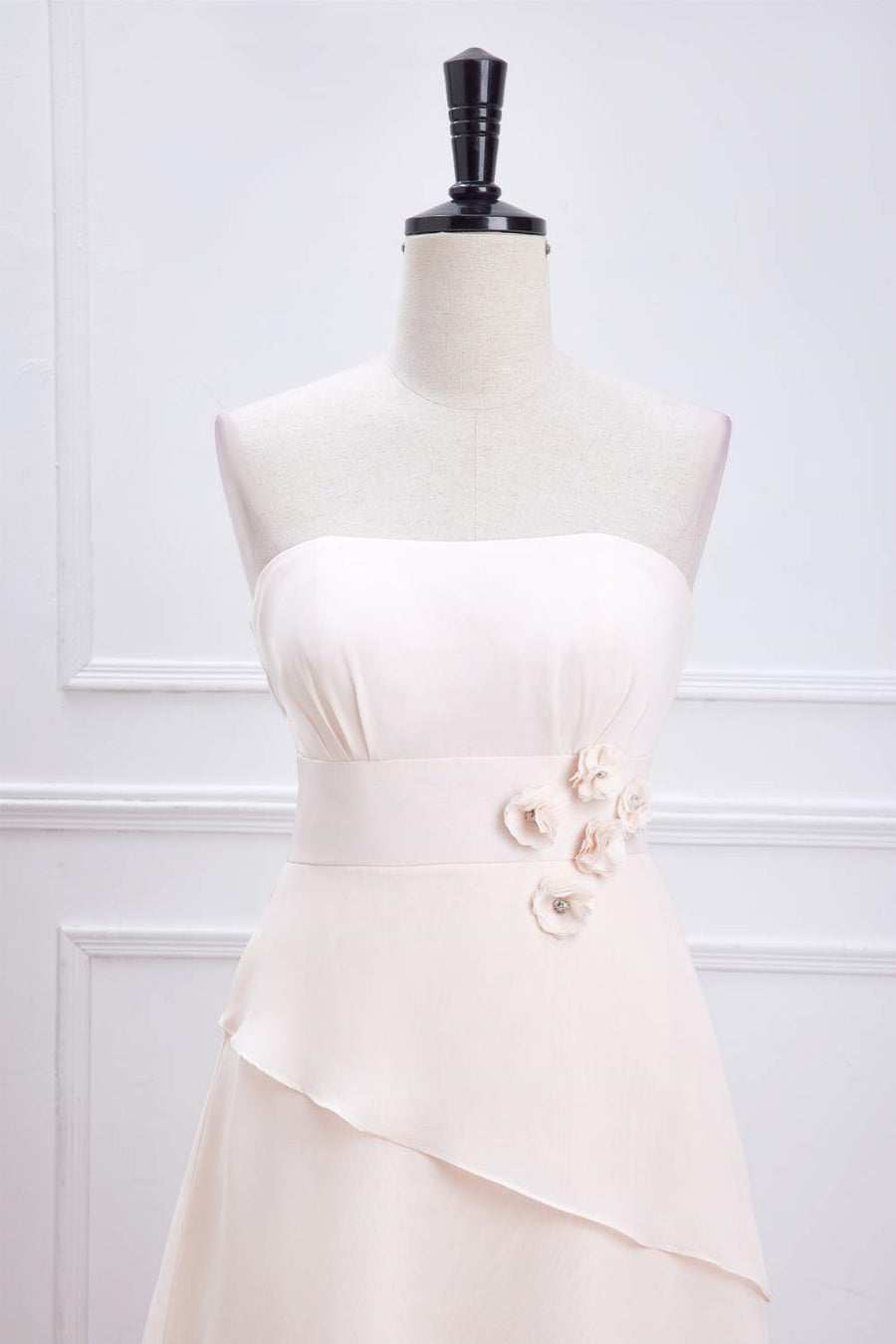 Pink Strapless A-line Layers Long Bridesmaid Dress with Flowers
