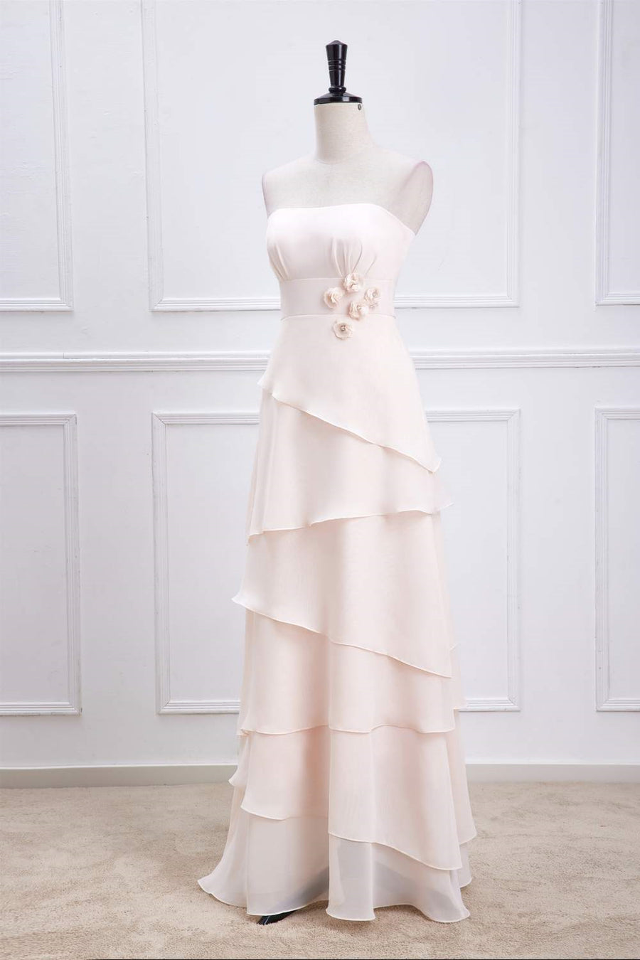 Pink Strapless A-line Layers Long Bridesmaid Dress with Flowers