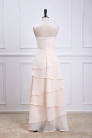 Pink Strapless A-line Layers Long Bridesmaid Dress with Flowers