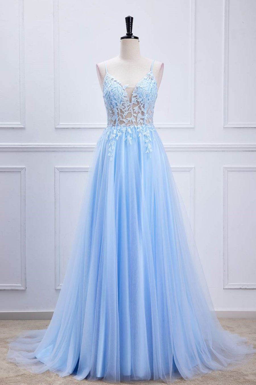 Light Blue Lace-Up Appliques A-line Long Prom Dress | Joyofdress Light Blue Lace-Up Appliques A-line Long Prom Dress | Joyofdress