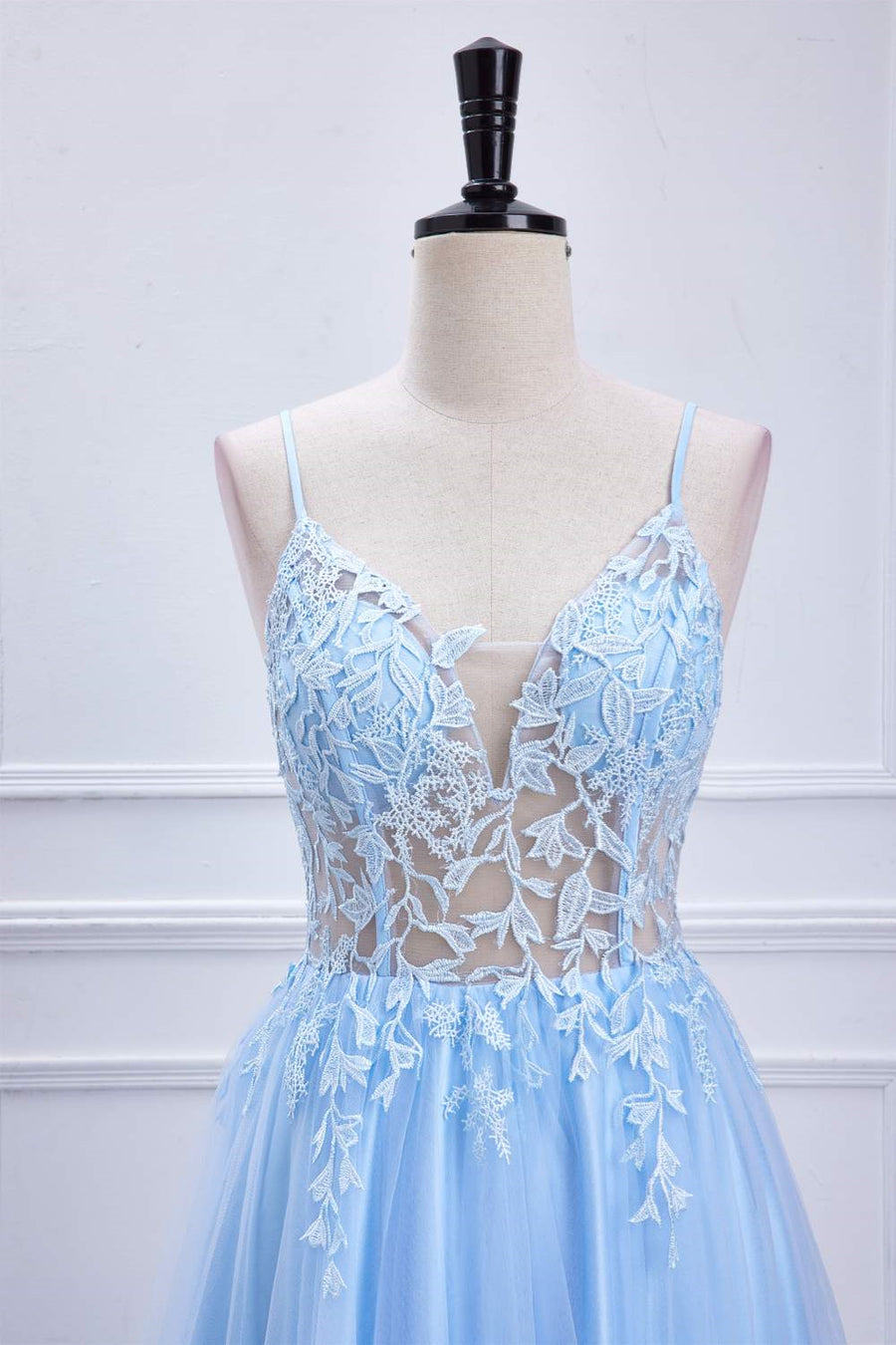 Light Blue Lace-Up Appliques A-line Long Prom Dress