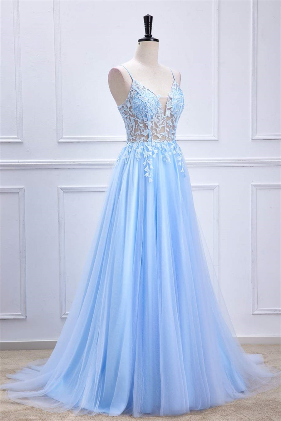 Light Blue Lace-Up Appliques A-line Long Prom Dress