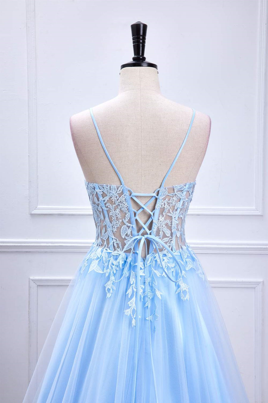 Light Blue Lace-Up Appliques A-line Long Prom Dress