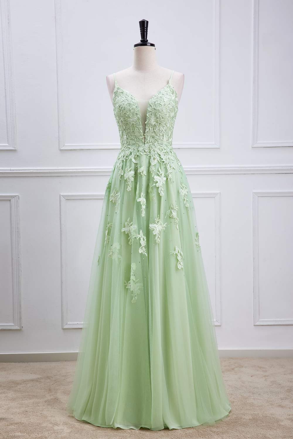 Sage Green Plunging V Neck Lace-Up Appliques Long Prom Dress Sage Green / US 2 Sage Green Plunging V Neck Lace-Up Appliques Long Prom Dress Sage Green / US 2