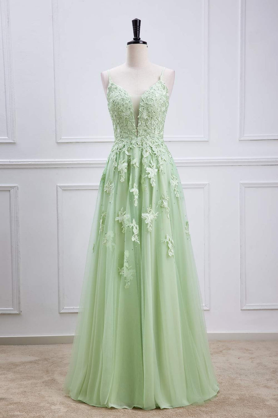 Sage Green Plunging V Neck Lace-Up Appliques Long Prom Dress Sage Green / US 2 Sage Green Plunging V Neck Lace-Up Appliques Long Prom Dress Sage Green / US 2