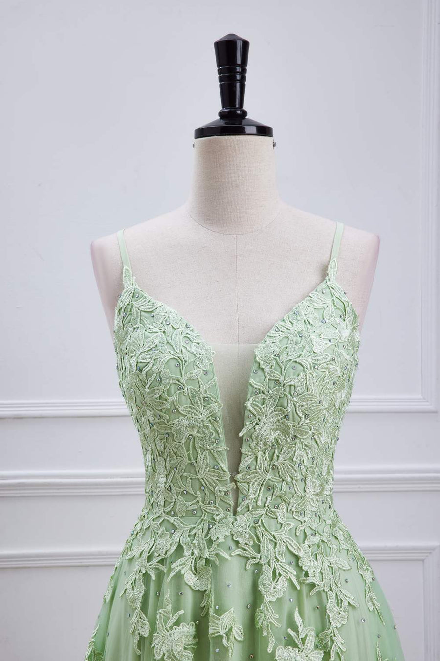 Sage Green Plunging V Neck Lace-Up Appliques Long Prom Dress | Joyofdress Sage Green Plunging V Neck Lace-Up Appliques Long Prom Dress | Joyofdress