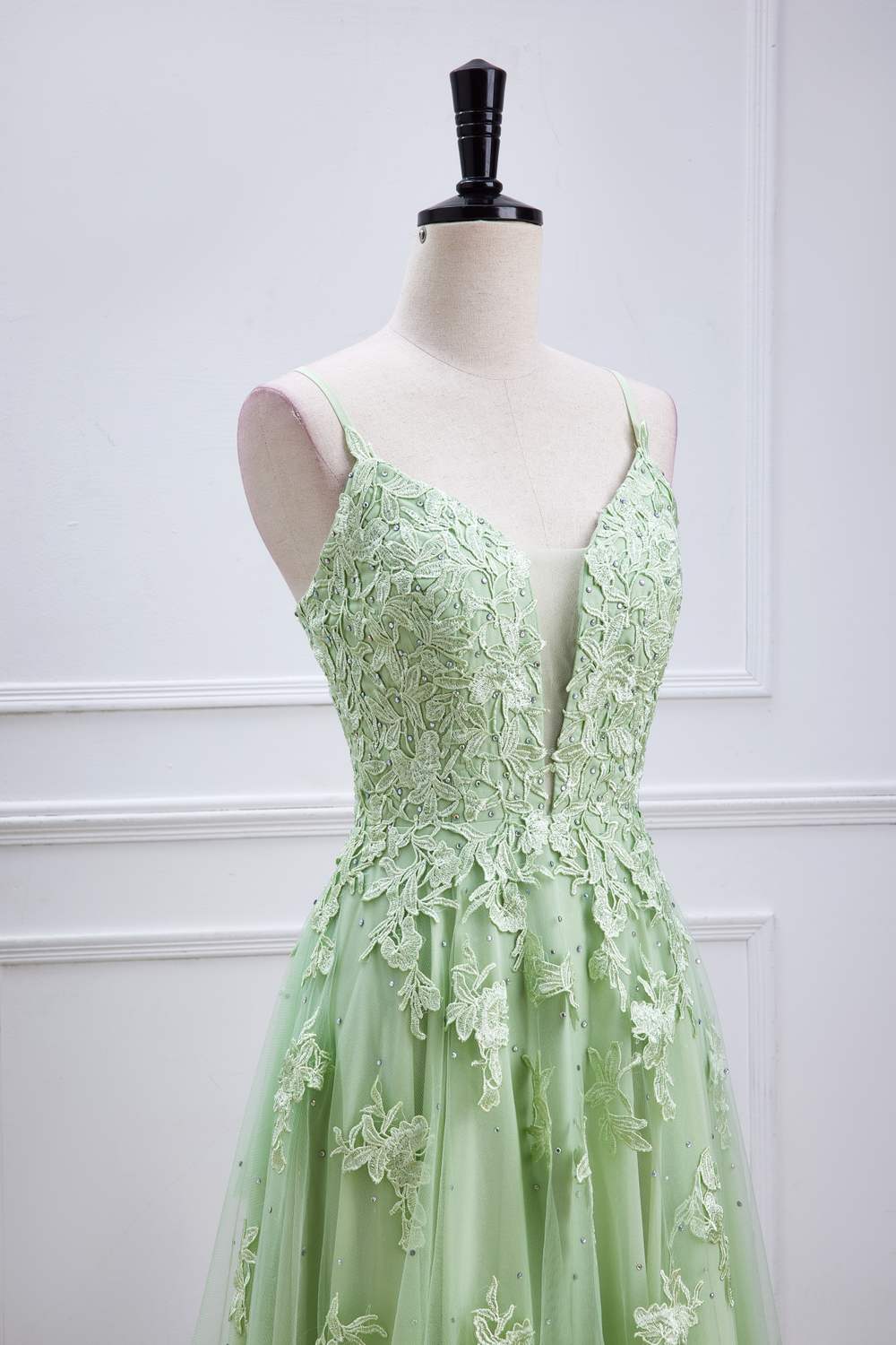 Sage Green Plunging V Neck Lace-Up Appliques Long Prom Dress Sage Green / US 2
