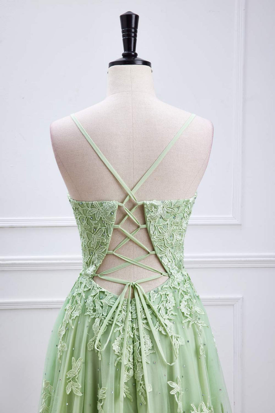 Sage Green Plunging V Neck Lace-Up Appliques Long Prom Dress Sage Green / US 2 Sage Green Plunging V Neck Lace-Up Appliques Long Prom Dress Sage Green / US 2