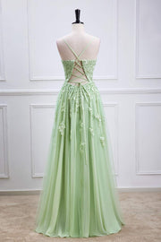 Sage Green Plunging V Neck Lace-Up Appliques Long Prom Dress