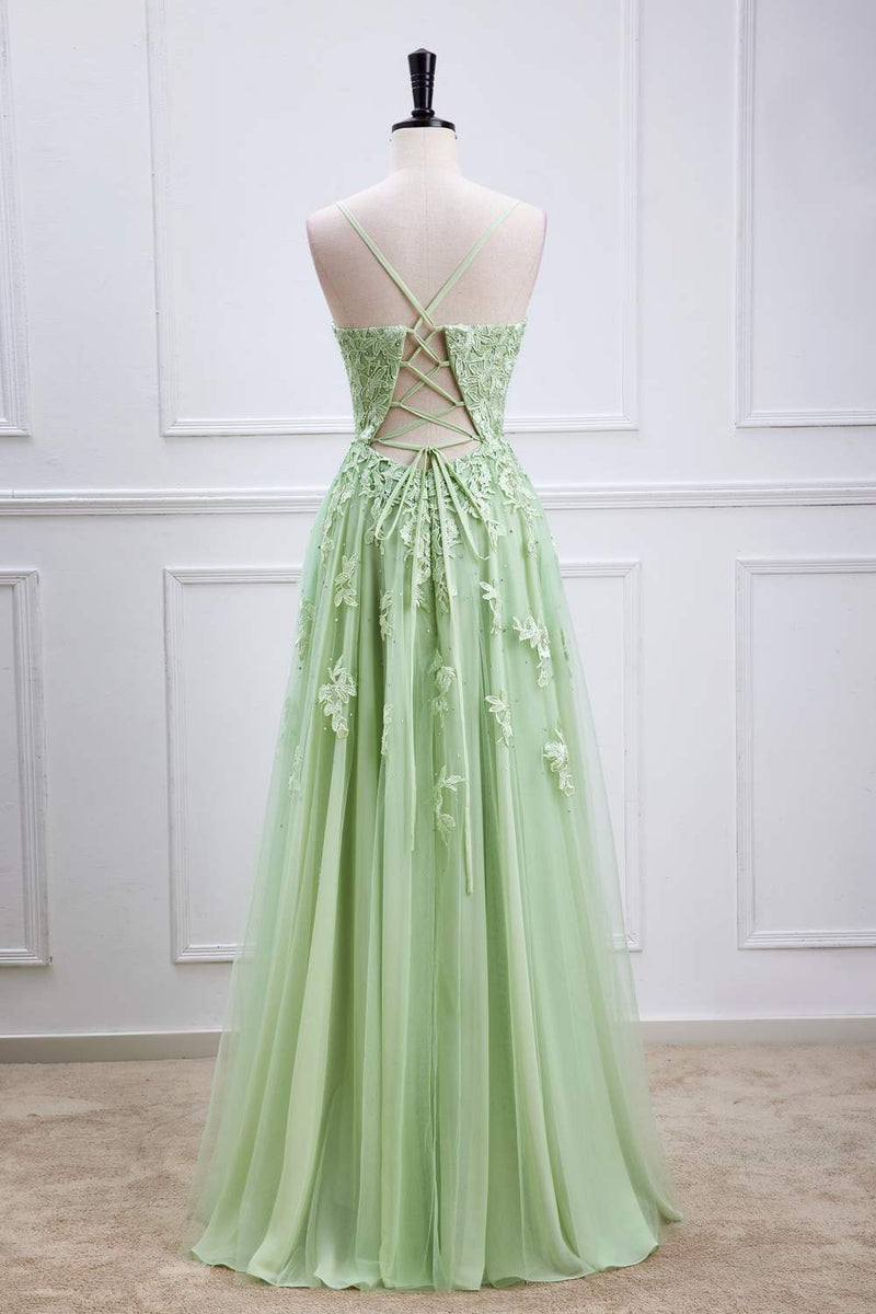 Sage Green Plunging V Neck Lace-Up Appliques Long Prom Dress Sage Green / US 2