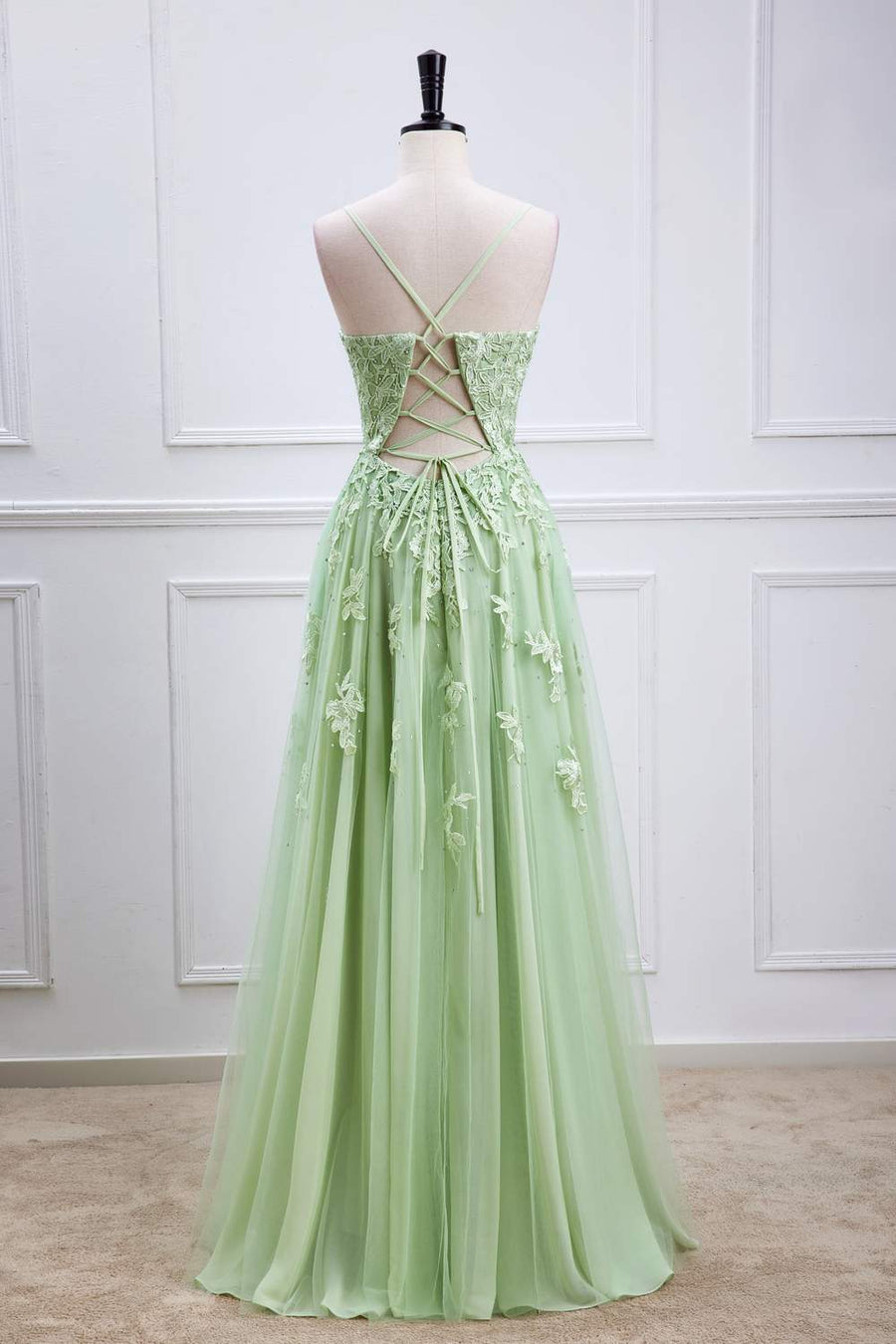 Sage Green Plunging V Neck Lace-Up Appliques Long Prom Dress Sage Green / US 2 Sage Green Plunging V Neck Lace-Up Appliques Long Prom Dress Sage Green / US 2