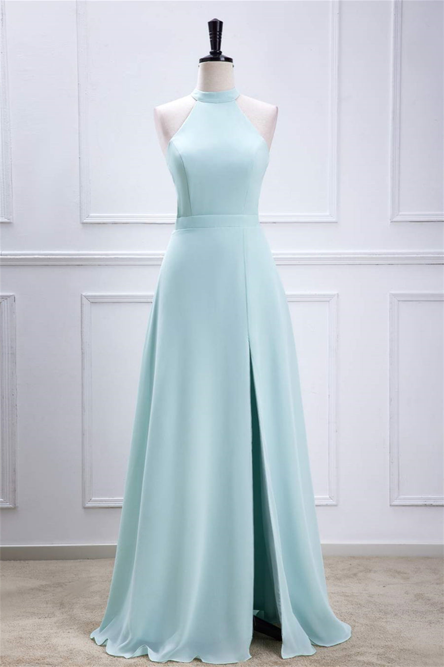 Blue Halter A-line Chiffon Long Bridesmaid Dress with Slit Blue / US 4
