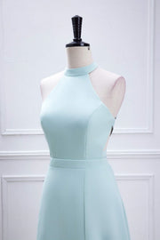 Blue Halter A-line Chiffon Long Bridesmaid Dress with Slit