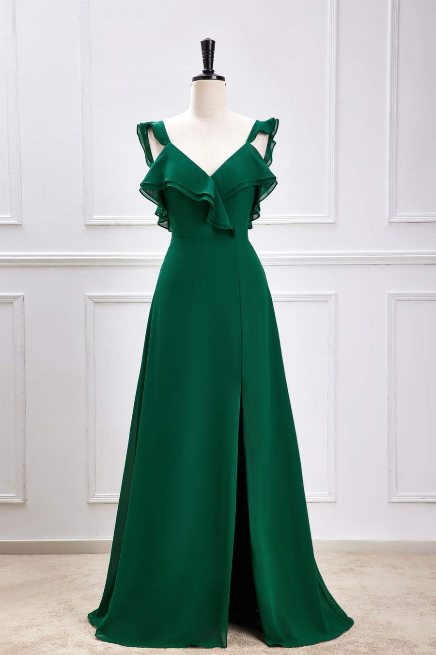 Green Flutter Sleeves Ruffled A-line Long Bridesmaid Dress with Slit Green / US 12 Green Flutter Sleeves Ruffled A-line Long Bridesmaid Dress with Slit Green / US 12