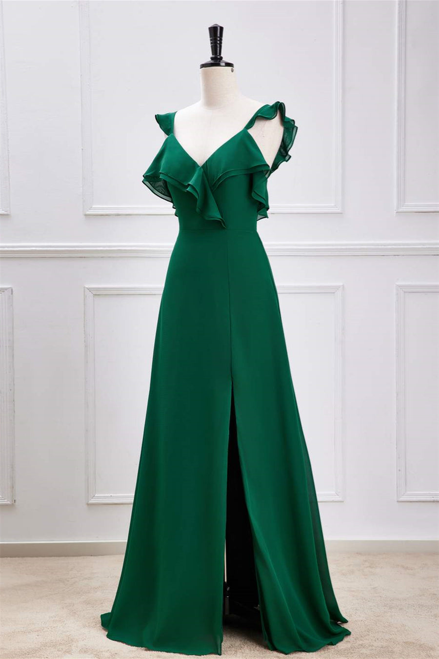 green flutter sleeve dress Flutter Sleeve V-Neck Chiffon A-Line Bridesmaid Dress in Dark Green, Dark Green / 22