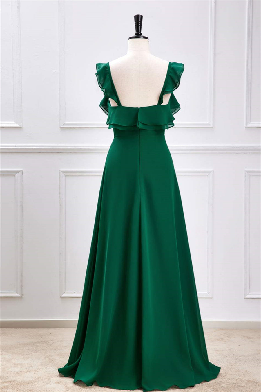 Green Flutter Sleeves Ruffled A-line Long Bridesmaid Dress with Slit