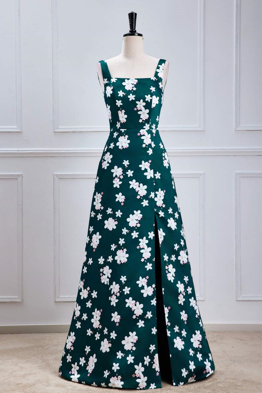 Green Floral Prints A-line Long Bridesmaid Dress with Slit Green / US 2 Green Floral Prints A-line Long Bridesmaid Dress with Slit Green / US 2